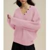 imagechouyatou Womens Casual V Neck Pullover Sweaters Ribbed Knit Slouchy Jumper Tops with Removable ScarfPink