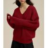 imagechouyatou Womens Casual V Neck Pullover Sweaters Ribbed Knit Slouchy Jumper Tops with Removable ScarfWine Red