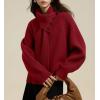 imagechouyatou Womens Casual V Neck Pullover Sweaters Ribbed Knit Slouchy Jumper Tops with Removable ScarfWine Red