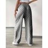 imagechouyatou Womens Checkered Wide Leg Business Casual Pants Plaid Drawstring Elastic Waist Palazzo PantsBlack
