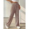 imagechouyatou Womens Checkered Wide Leg Business Casual Pants Plaid Drawstring Elastic Waist Palazzo PantsBrown
