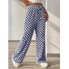 imagechouyatou Womens Checkered Wide Leg Business Casual Pants Plaid Drawstring Elastic Waist Palazzo PantsNavy
