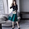 imagechouyatou Womens Color Block Faux Suede Leather ALine Midi Long Skirt Sexy High Waisted Skater SkirtGreen