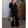 imagechouyatou Womens Cotton Linen 2 Piece Outfits Puff Short Sleeve Top Wide leg Long Palazzo Pants Matching SetBlack