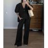 imagechouyatou Womens Cotton Linen 2 Piece Outfits Puff Short Sleeve Top Wide leg Long Palazzo Pants Matching SetBlack