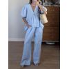 imagechouyatou Womens Cotton Linen 2 Piece Outfits Puff Short Sleeve Top Wide leg Long Palazzo Pants Matching SetLight Blue