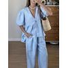 imagechouyatou Womens Cotton Linen 2 Piece Outfits Puff Short Sleeve Top Wide leg Long Palazzo Pants Matching SetLight Blue