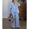 imagechouyatou Womens Cotton Linen 2 Piece Outfits Puff Short Sleeve Top Wide leg Long Palazzo Pants Matching SetLight Blue