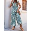 imagechouyatou Womens Cute Daisy Floral Wide Leg Baggy Jumpsuit Rompers Cap Short Sleeve Loose Comfy Overalls PantsBlue