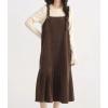 imagechouyatou Womens Cute Ruffle Corduroy Pinafore Overall Dress Pleated Flared Mid Long Bib Jumper DressDark Brown
