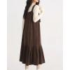 imagechouyatou Womens Cute Ruffle Corduroy Pinafore Overall Dress Pleated Flared Mid Long Bib Jumper DressDark Brown