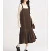 imagechouyatou Womens Cute Ruffle Corduroy Pinafore Overall Dress Pleated Flared Mid Long Bib Jumper DressDark Brown