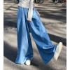 imagechouyatou Womens Elastic High Waisted Wide Leg Jeans Baggy Boyfriend Flare Trendy Long Denim PantsLight Blue