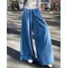 imagechouyatou Womens Elastic High Waisted Wide Leg Jeans Baggy Boyfriend Flare Trendy Long Denim PantsLight Blue