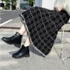 imagechouyatou Womens Elegant Plaid Tassels Fringe Tweed Skirt Knit Elastic High Waist A Line Midi SkirtBlack