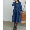 imagechouyatou Womens Fall Babydoll Corduroy Dress Long Sleeve Pleated Pullover Midi Dresses with PocketsBlue