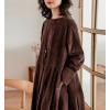 imagechouyatou Womens Fall Babydoll Corduroy Dress Long Sleeve Pleated Pullover Midi Dresses with PocketsBrown