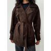 imagechouyatou Womens Fall Boyfriend Faux Suede Leather Jacket Notch Lapel Belted Midi Long Shacket CoatCoffee