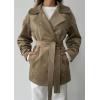 imagechouyatou Womens Fall Boyfriend Faux Suede Leather Jacket Notch Lapel Belted Midi Long Shacket CoatKhaki