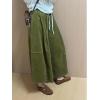 imagechouyatou Womens Fall Winter Corduroy Culottes Cropped Pants Elastic High Waisted Loose Wide Leg PalazzoGreen