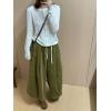 imagechouyatou Womens Fall Winter Corduroy Culottes Cropped Pants Elastic High Waisted Loose Wide Leg PalazzoGreen