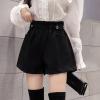 imagechouyatou Womens Fall Winter Cute Elastic High Waisted Ruffle Pleated Wool Wide Leg Shorts with PocketsBlack