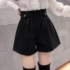 imagechouyatou Womens Fall Winter Cute Elastic High Waisted Ruffle Pleated Wool Wide Leg Shorts with PocketsBlack