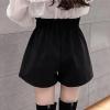 imagechouyatou Womens Fall Winter Cute Elastic High Waisted Ruffle Pleated Wool Wide Leg Shorts with PocketsBlack