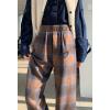 imagechouyatou Womens Fall Winter High Waist Wide Leg Plaid Office Work Wool Blend Palazzo Pants Trousers with PocketsBrown