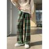 imagechouyatou Womens Fall Winter High Waist Wide Leg Plaid Office Work Wool Blend Palazzo Pants Trousers with PocketsGreen