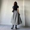 imagechouyatou Womens Fall Winter Houndstooth Tweed Wool Skirt Ruffle Zip Up Pleated Midi Skirt with PocketsBlack