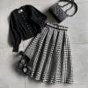 imagechouyatou Womens Fall Winter Houndstooth Tweed Wool Skirt Ruffle Zip Up Pleated Midi Skirt with PocketsBlack