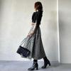 imagechouyatou Womens Fall Winter Houndstooth Tweed Wool Skirt Ruffle Zip Up Pleated Midi Skirt with PocketsBlack