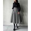 imagechouyatou Womens Fall Winter Houndstooth Tweed Wool Skirt Ruffle Zip Up Pleated Midi Skirt with PocketsBlack