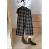 imagechouyatou Womens Fall Winter Plaid Wool Culottes Capri Cropped Pants Elastic Wide Leg Palazzo TrouserBrown