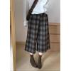 imagechouyatou Womens Fall Winter Plaid Wool Culottes Capri Cropped Pants Elastic Wide Leg Palazzo TrouserBrown