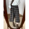 imagechouyatou Womens Fall Winter Plaid Wool Culottes Capri Cropped Pants Elastic Wide Leg Palazzo TrouserBrown