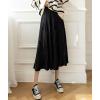 imagechouyatou Womens Fall Winter Velvet Ruffle Hem Skirt High Elastic Waist Pleated Swing Midi Long SkirtBlack