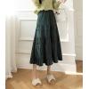 imagechouyatou Womens Fall Winter Velvet Ruffle Hem Skirt High Elastic Waist Pleated Swing Midi Long SkirtBlackish Green