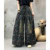 imagechouyatou Womens Floral Wide Leg Denim Pants Adjustable Drawstring Baggy Elastic Waist Culotte JeansBlack