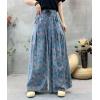 imagechouyatou Womens Floral Wide Leg Denim Pants Adjustable Drawstring Baggy Elastic Waist Culotte JeansBlue
