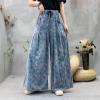 imagechouyatou Womens Floral Wide Leg Denim Pants Adjustable Drawstring Baggy Elastic Waist Culotte JeansBlue
