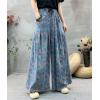 imagechouyatou Womens Floral Wide Leg Denim Pants Adjustable Drawstring Baggy Elastic Waist Culotte JeansBlue