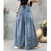 imagechouyatou Womens Floral Wide Leg Denim Pants Adjustable Drawstring Baggy Elastic Waist Culotte JeansBlue