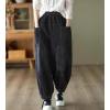imagechouyatou Womens Harem Loose Corduroy Pants Elastic High Waisted Straight Wide Leg Trouser with PocketsBlack