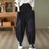 imagechouyatou Womens Harem Loose Corduroy Pants Elastic High Waisted Straight Wide Leg Trouser with PocketsBlack