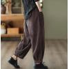 imagechouyatou Womens Harem Loose Corduroy Pants Elastic High Waisted Straight Wide Leg Trouser with PocketsBrown