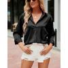 imagechouyatou Womens Lapel Collar Long Sleeve Satin Silk Dress Casual Button Down Shirt BlousesBlack