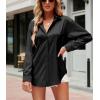 imagechouyatou Womens Lapel Collar Long Sleeve Satin Silk Dress Casual Button Down Shirt BlousesBlack