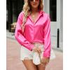 imagechouyatou Womens Lapel Collar Long Sleeve Satin Silk Dress Casual Button Down Shirt BlousesRose Red